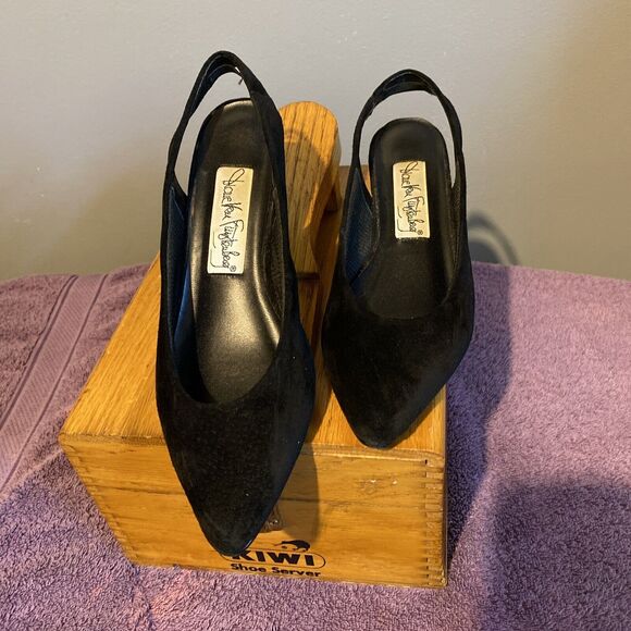 Diane Von Furstenberg Suede Kitten Sling Back 6 1/2 Black On Black - Picture 7 of 10